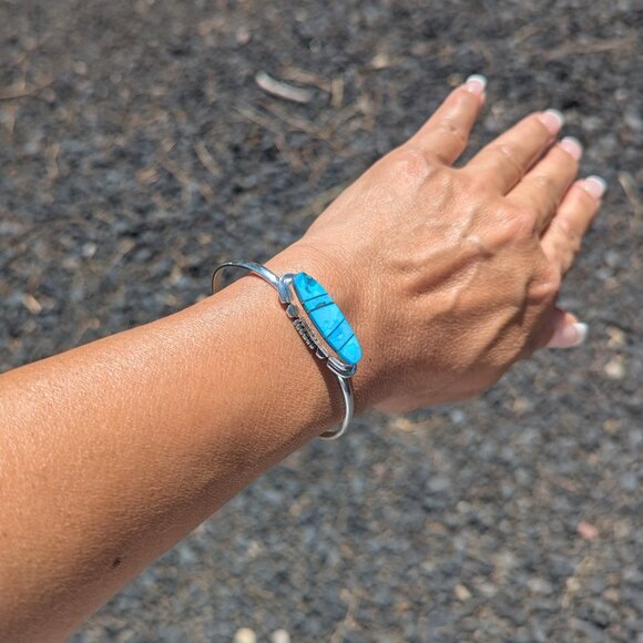 Navajo Bracelet Handmade Sterling Silver Kingman Turquoise Jewelry Sz 6.75in.*** - Picture 4 of 10